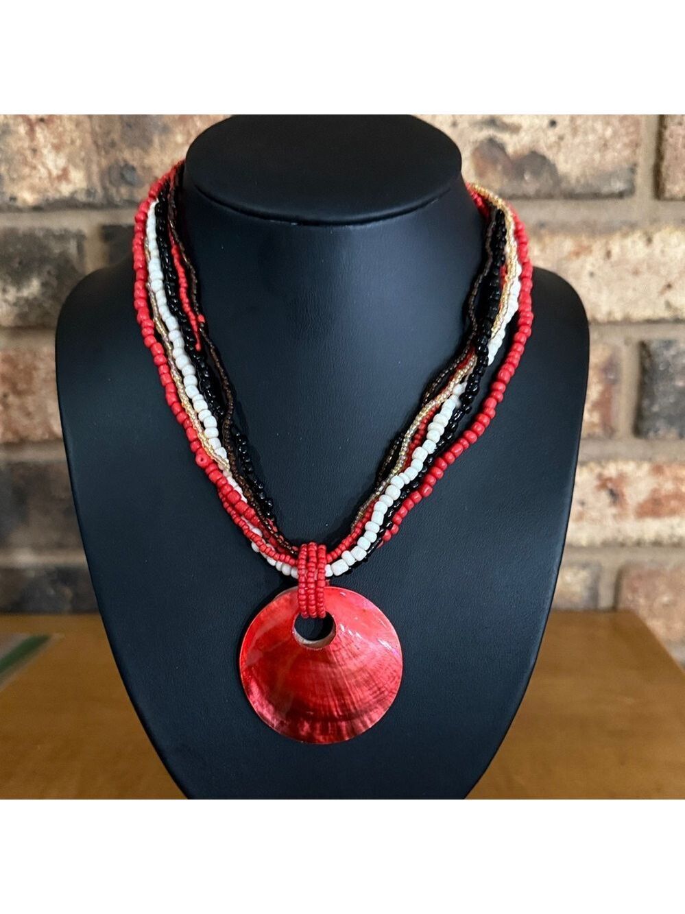 Vintage 6 strand Red Black White Brown and Gold seed bead shell pendant necklace
